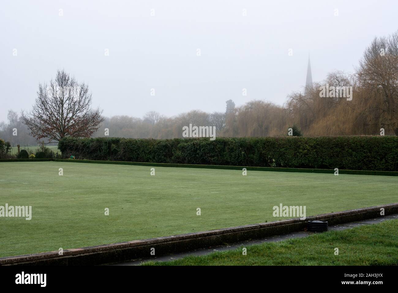 Un bowling green in inverno, Stratford-upon-Avon, Warwickshire, Inghilterra, Regno Unito Foto Stock