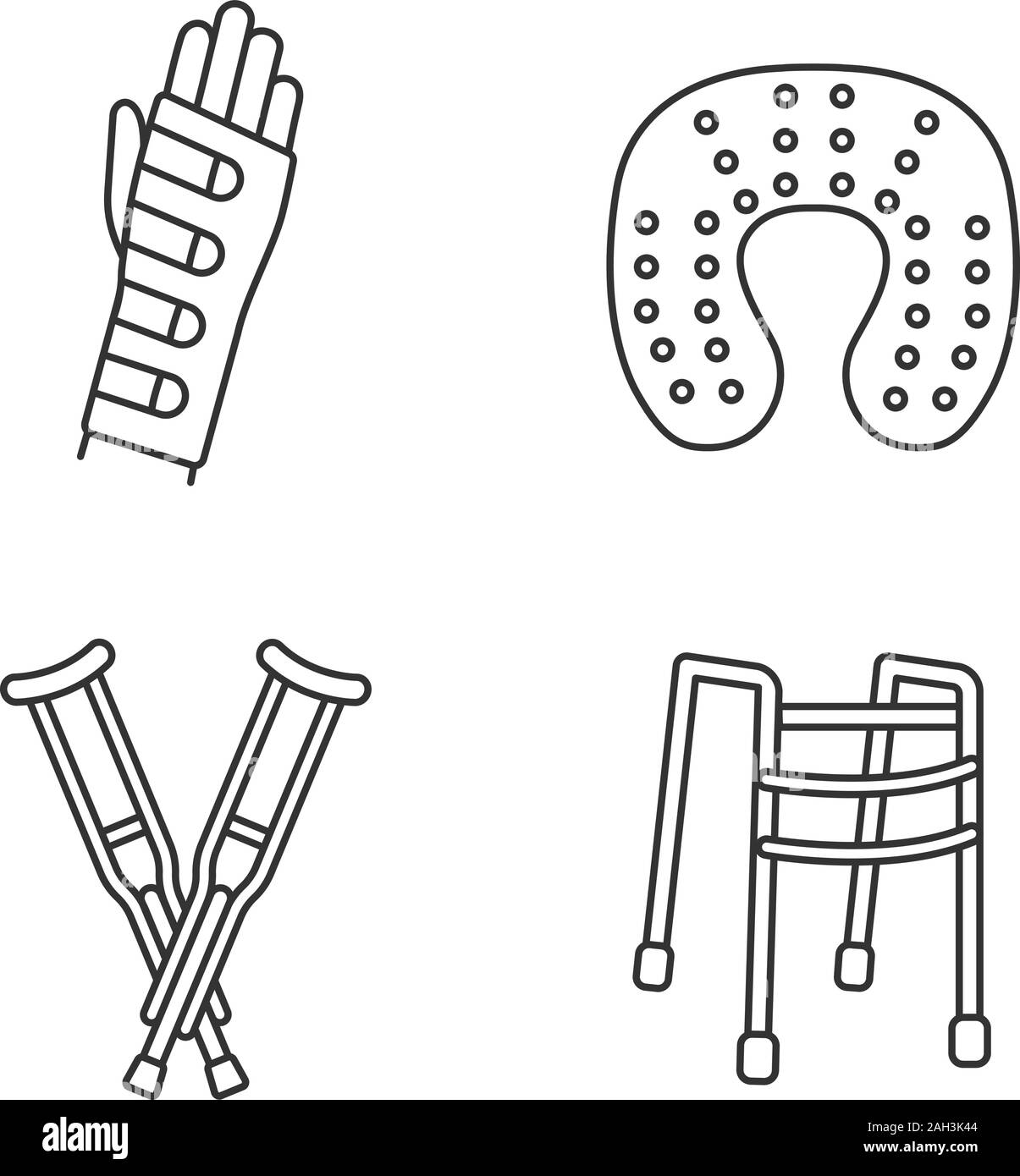 Il trattamento di traumi lineare set di icone. Polsiera, collo cuscino, ascellari stampelle, walker. Linea sottile simboli di contorno. Vettore isolato illustratio contorno Illustrazione Vettoriale