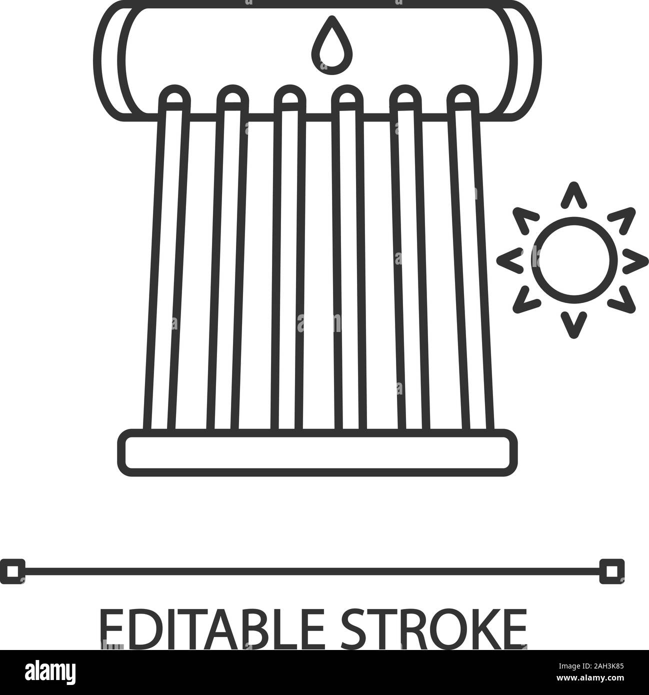 Industrial calorifero di acqua solare icona lineare. Collettore solare di tubi e serbatoio per l'acqua. Linea sottile illustrazione. Eco sistema di riscaldamento dell'acqua. Simbolo di contorno. Vec Illustrazione Vettoriale