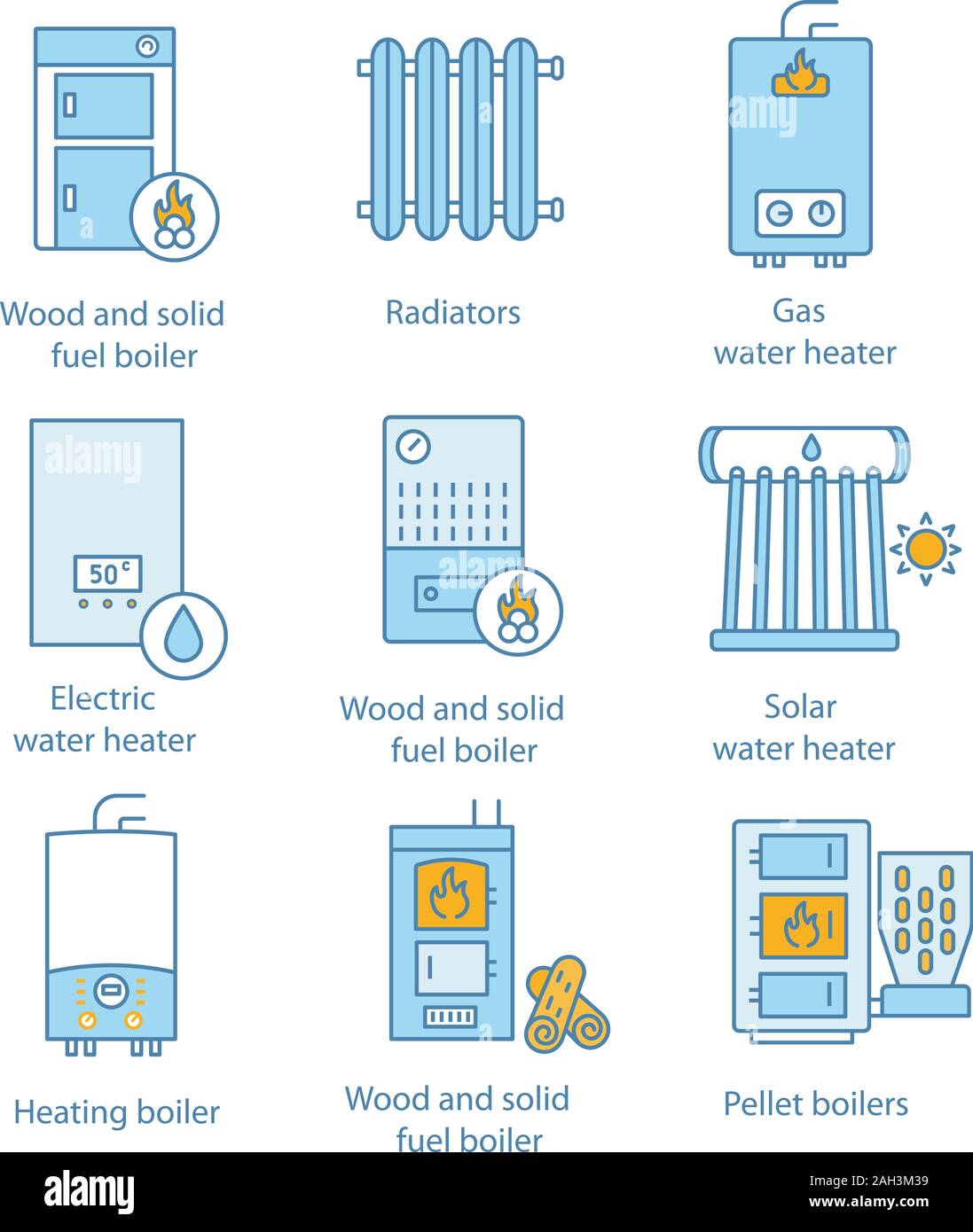 Riscaldamento icone di colore impostato. Caldaie, radiatori, riscaldatori di acqua. Gas, elettriche, combustibile solido, pellet Caldaie solare. Commerciale, industriale e domestico cento Illustrazione Vettoriale