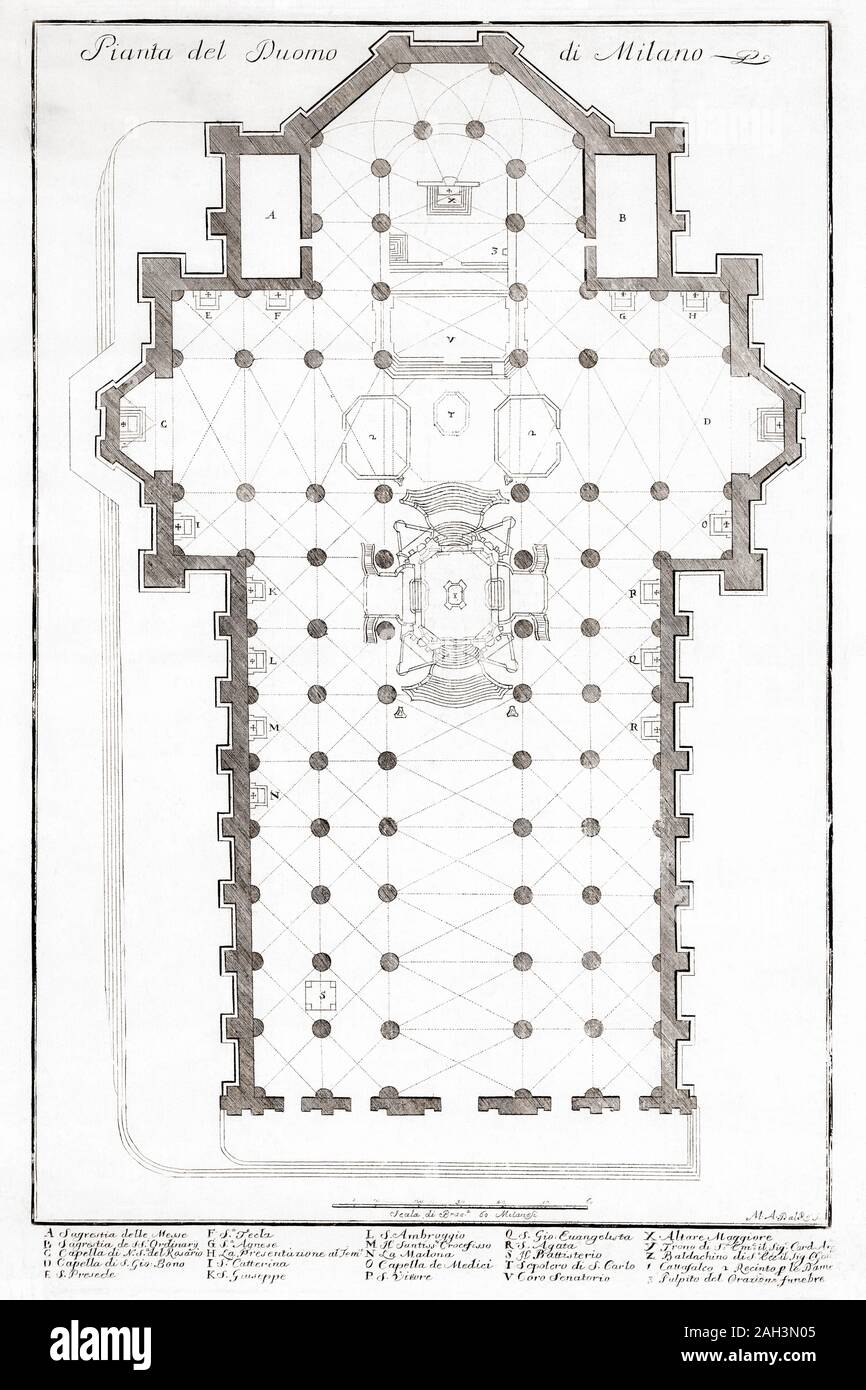 Il piano di massa del Duomo o Cattedrale, Milano, Italia. Dopo un secolo XVIII stampare da Marc Antonio dal Re. Foto Stock