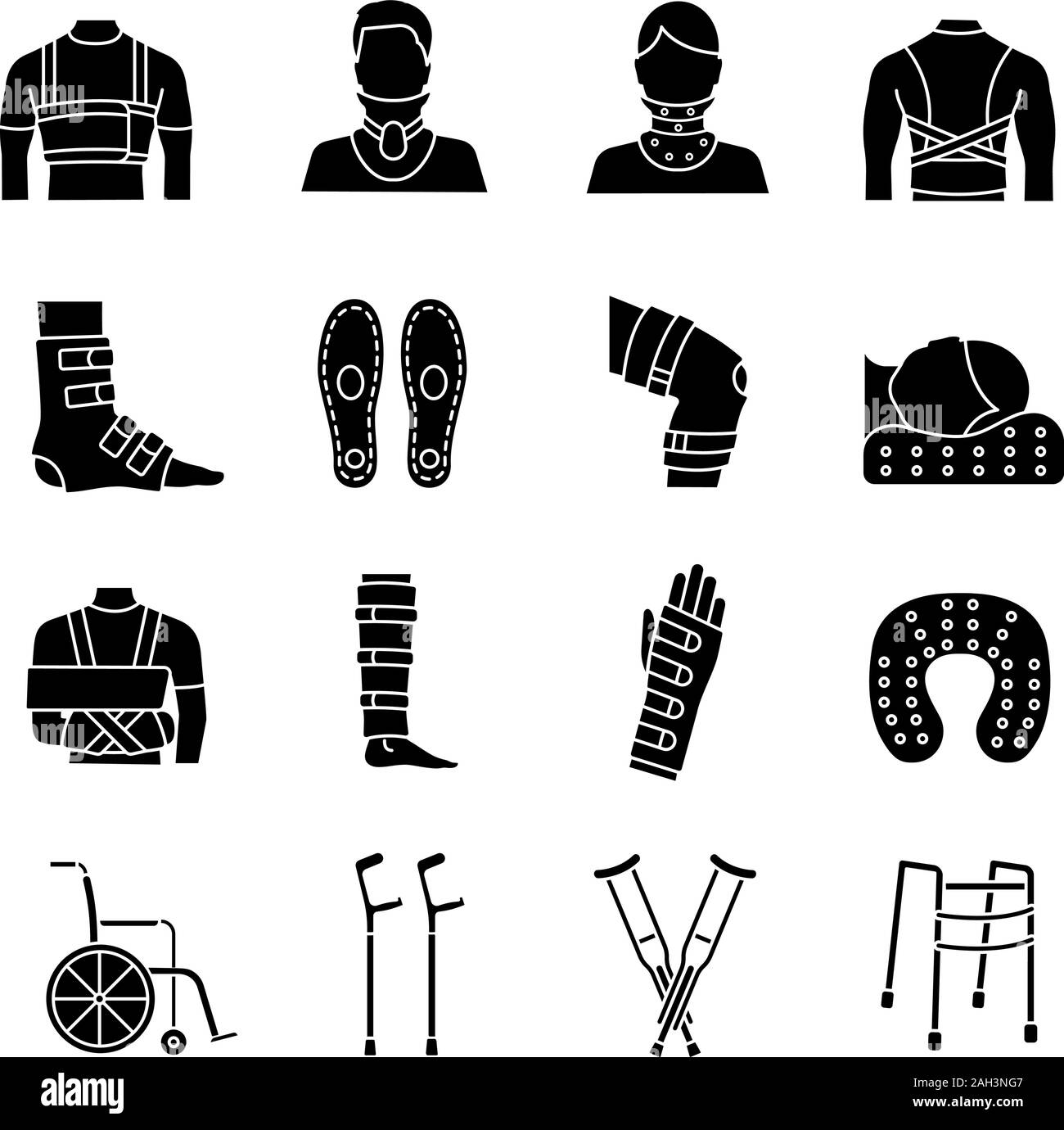 Il trattamento di traumi glifo set di icone. Apparecchiatura ortopedica. Bretelle e bende, stampelle. Le lesioni, le gambe rotte e il recupero delle armi. Un aiuto per la mobilità. Silhouet Illustrazione Vettoriale