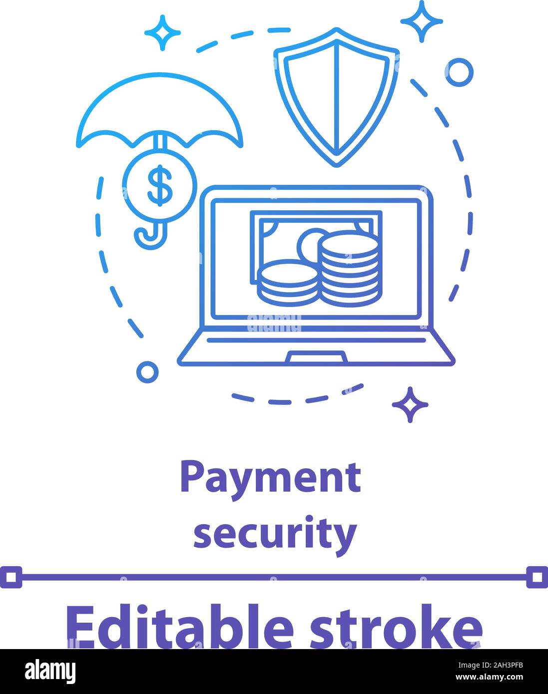 Pagamento il concetto di sicurezza e la relativa icona. E-payment. Sicurezza delle transazioni di denaro idea sottile linea illustrazione. Online banking. Investimento digitale. Il vettore isolato outl Illustrazione Vettoriale