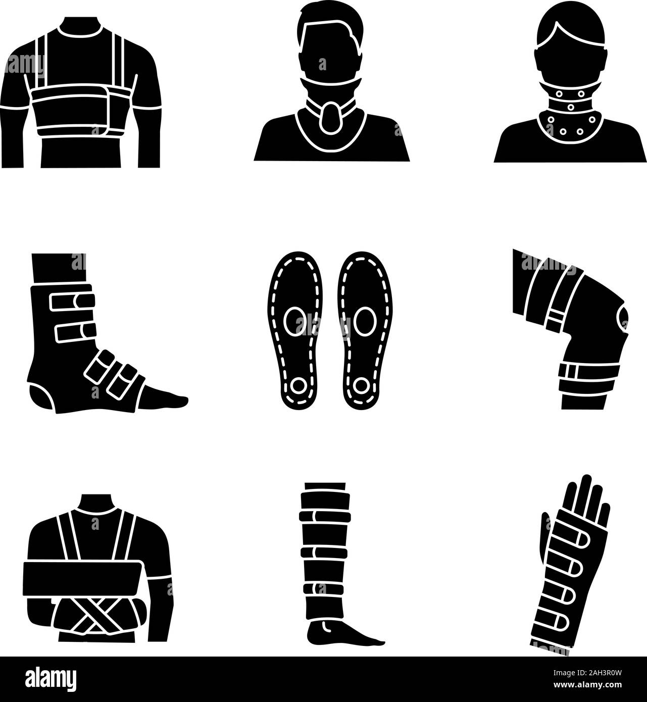 Il trattamento di traumi glifo set di icone. Cinghia di nervatura, collare cervicale, caviglia e ginocchiere, solette, Immobilizzatore per spalla, shin supporto, polsiera. Silhouet Illustrazione Vettoriale