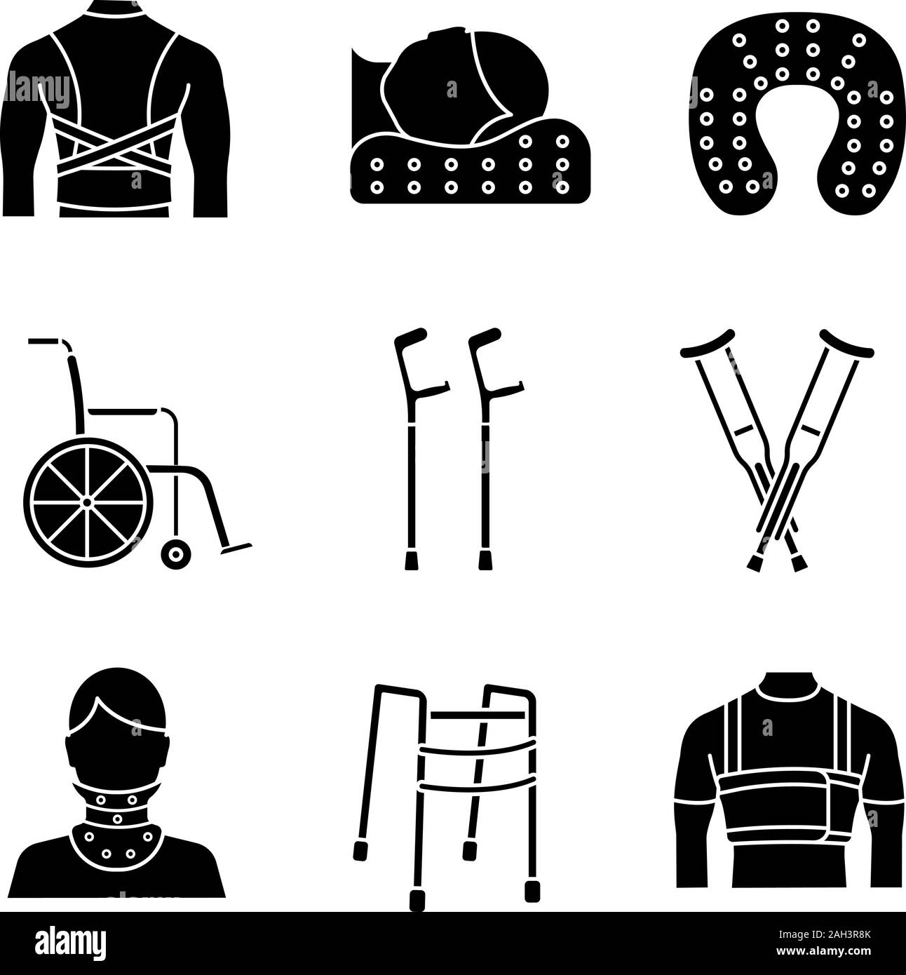 Il trattamento di traumi glifo set di icone. Il correttore di postura, collo cuscino ortopedico, sedia a rotelle ascellari e un paio di stampelle a gomito, collare cervicale, Walker, la nervatura della cinghia. Illustrazione Vettoriale