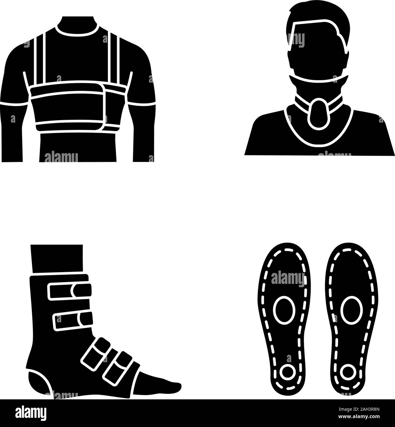 Il trattamento di traumi glifo set di icone. Chirurgico di uomini costola cintura, collare cervicale, piede CAVIGLIA Tutore, sottopiedi ortopedici. Simboli di Silhouette. Il vettore isolato Illustrazione Vettoriale