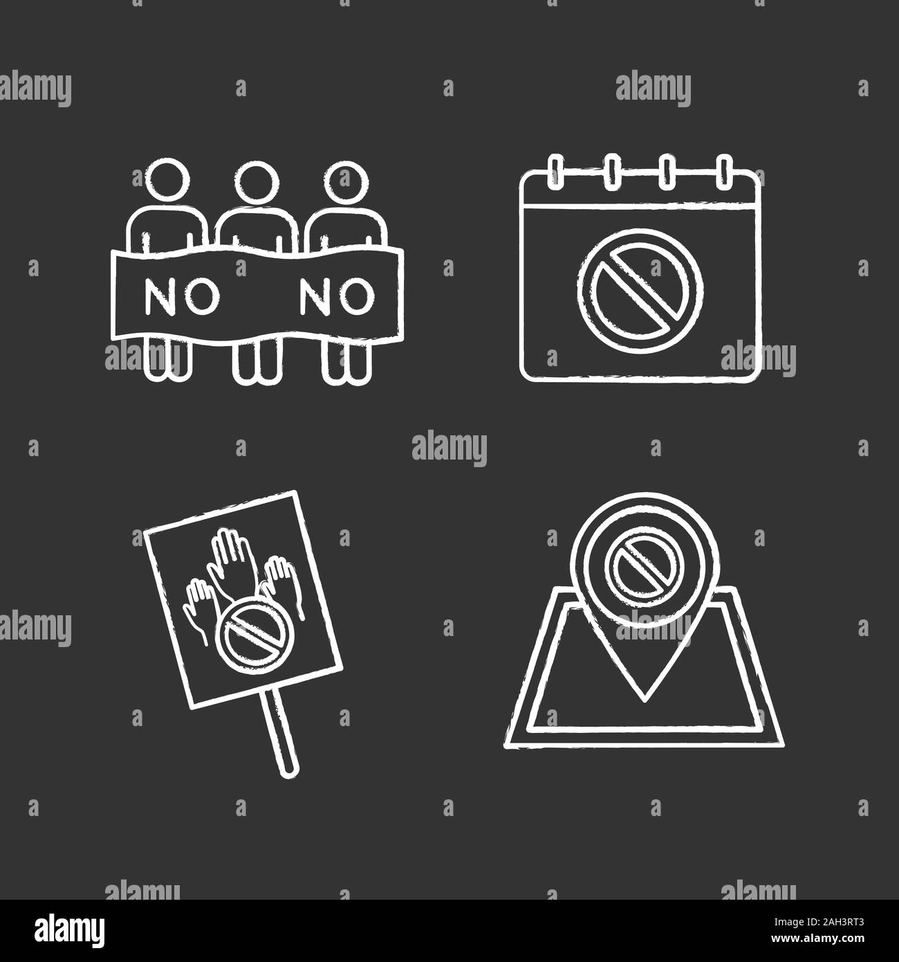 L'azione di protesta chalk set di icone. Movimento sociale data, posizione di protesta, banner, picket. Vettore isolato illustrazioni della lavagna Illustrazione Vettoriale