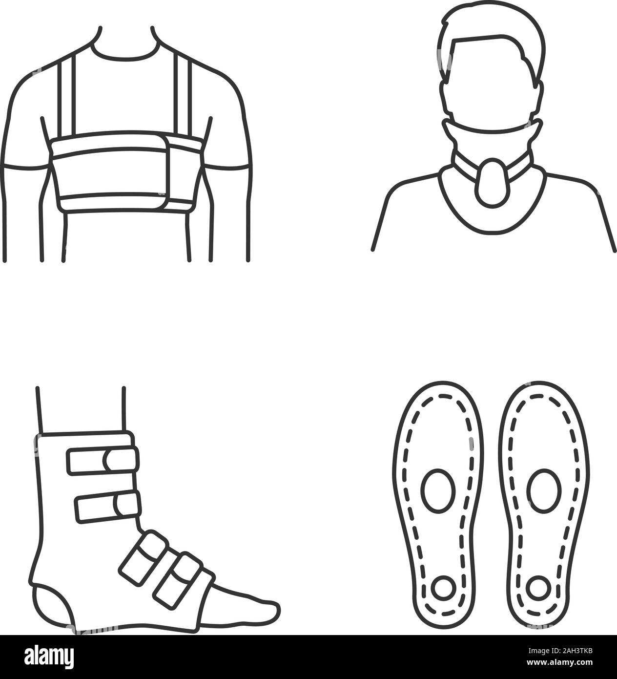 Il trattamento di traumi lineare set di icone. Chirurgico di uomini costola cintura, collare cervicale, piede CAVIGLIA Tutore, sottopiedi ortopedici. Linea sottile simboli di contorno. Isolato Illustrazione Vettoriale