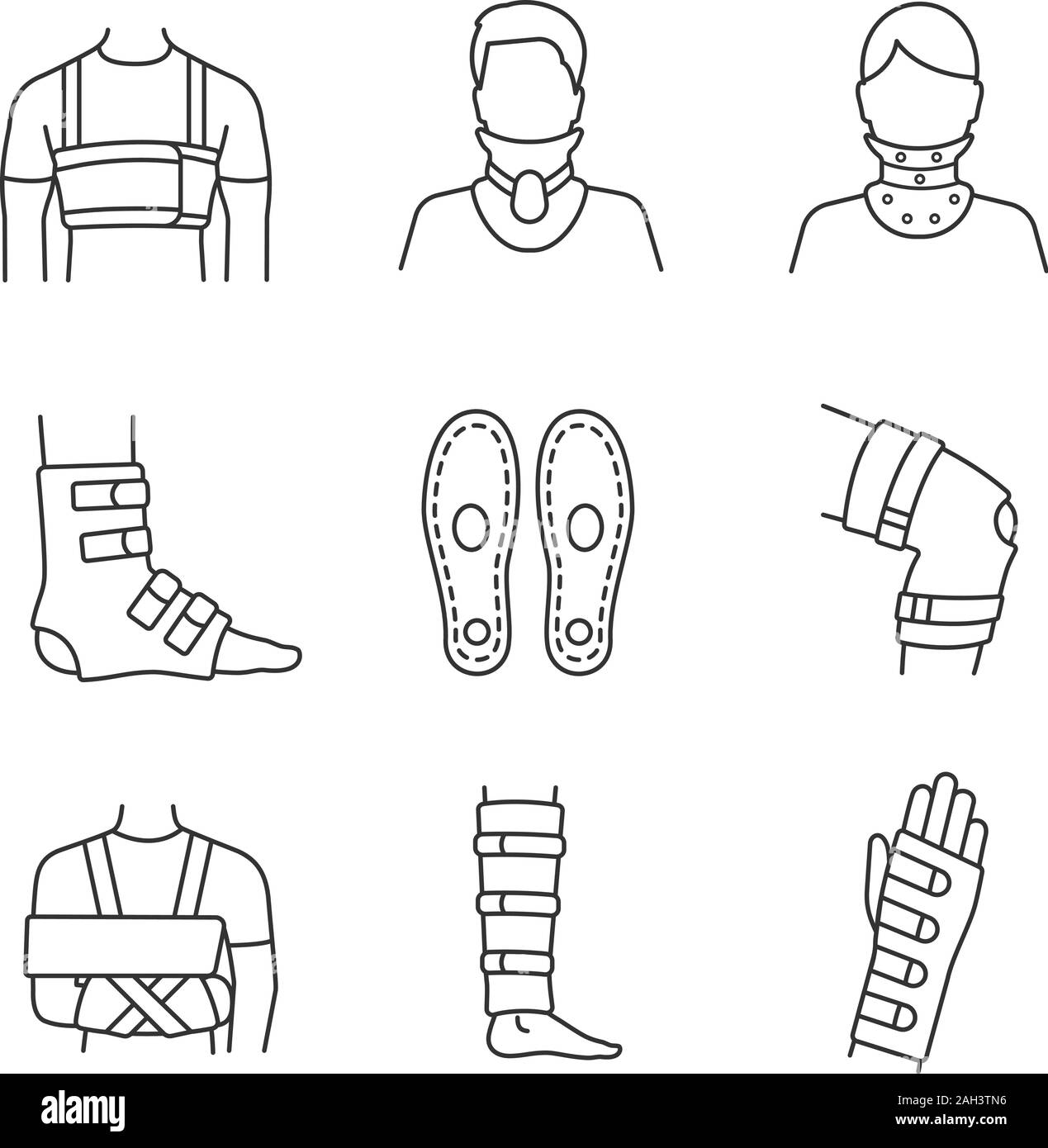 Il trattamento di traumi lineare set di icone. Cinghia di nervatura, collare cervicale, caviglia e ginocchiere, solette, Immobilizzatore per spalla, shin supporto, polsiera. Isolare Illustrazione Vettoriale