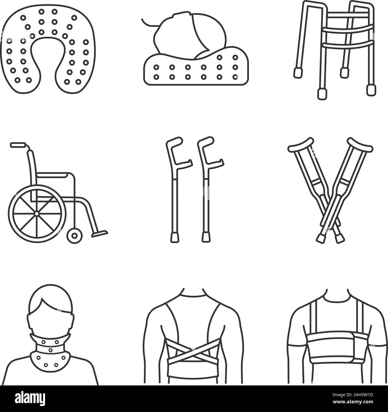 Il trattamento di traumi lineare set di icone. Il correttore di postura, collo cuscino per sedia a rotelle, ascellare e un paio di stampelle a gomito, collare cervicale, Walker, la nervatura della cinghia. V isolata Illustrazione Vettoriale Il trattamento di traumi lineare set di icone. Il correttore di postura, collo cuscino per sedia a rotelle, ascellare e un paio di stampelle a gomito, collare cervicale, Walker, la nervatura della cinghia. V isolata Illustrazione Vettoriale