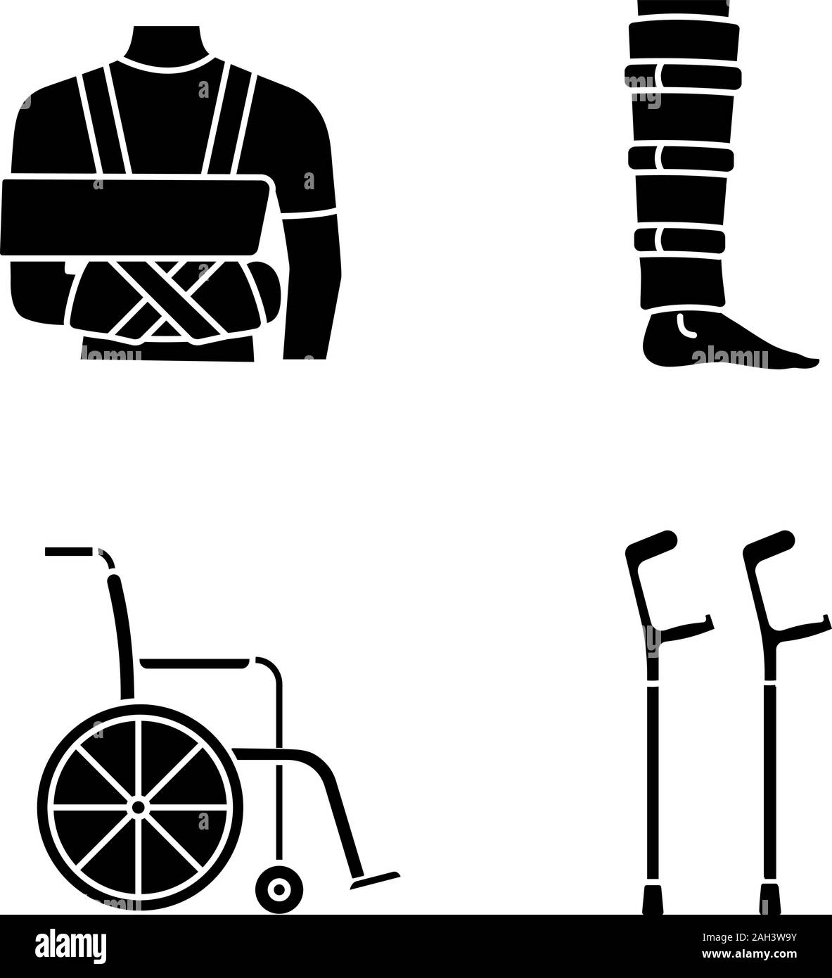 Il trattamento di traumi glifo set di icone. Immobilizzatore per spalla, shin tutore, sedia a rotelle e un paio di stampelle a gomito. Simboli di Silhouette. Vettore illustrazione isolato Illustrazione Vettoriale
