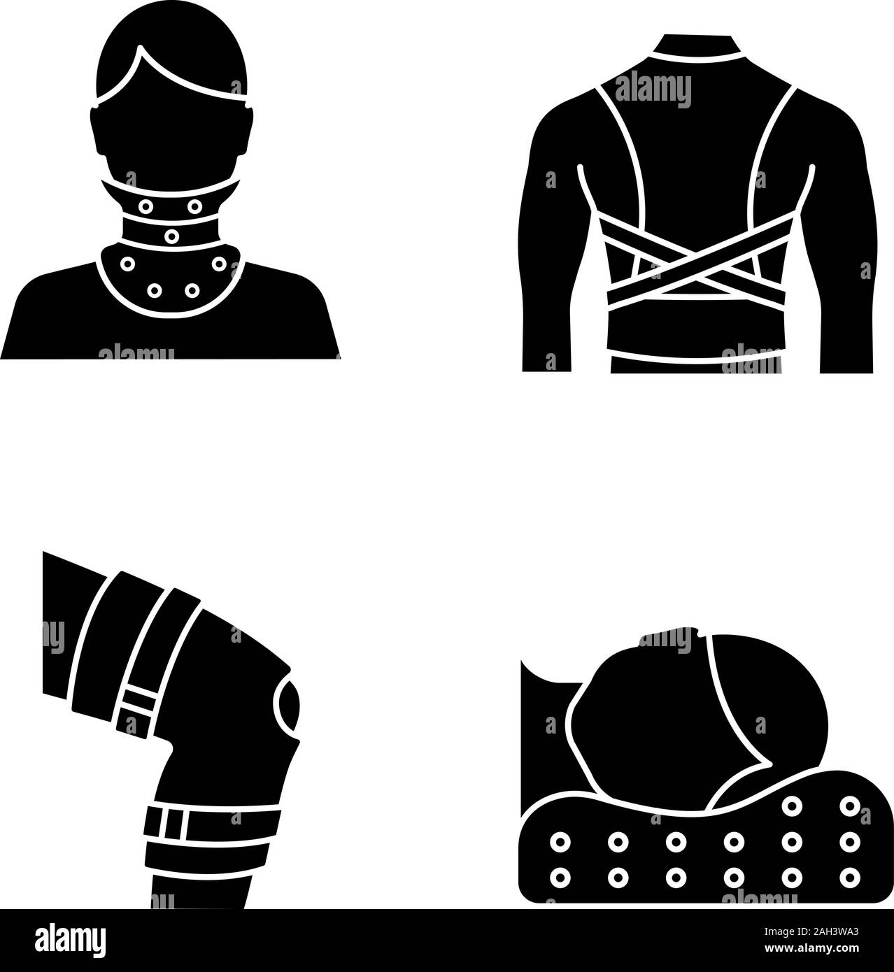 Il trattamento di traumi glifo set di icone. Collare cervicale, correttore di postura, ortesi per ginocchio, cuscino ortopedico. Simboli di Silhouette. Vettore illustrazione isolato Illustrazione Vettoriale