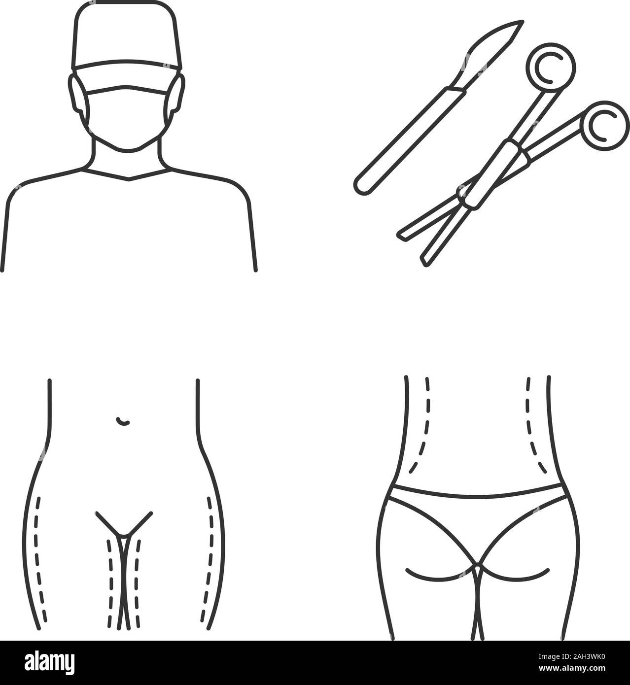 Chirurgia plastica lineari di set di icone. Medico chirurgo, bisturi chirurgico e la fascetta di sollevamento della coscia, cintura di chirurgia di correzione. Linea sottile simboli di contorno. Vecto isolato Illustrazione Vettoriale