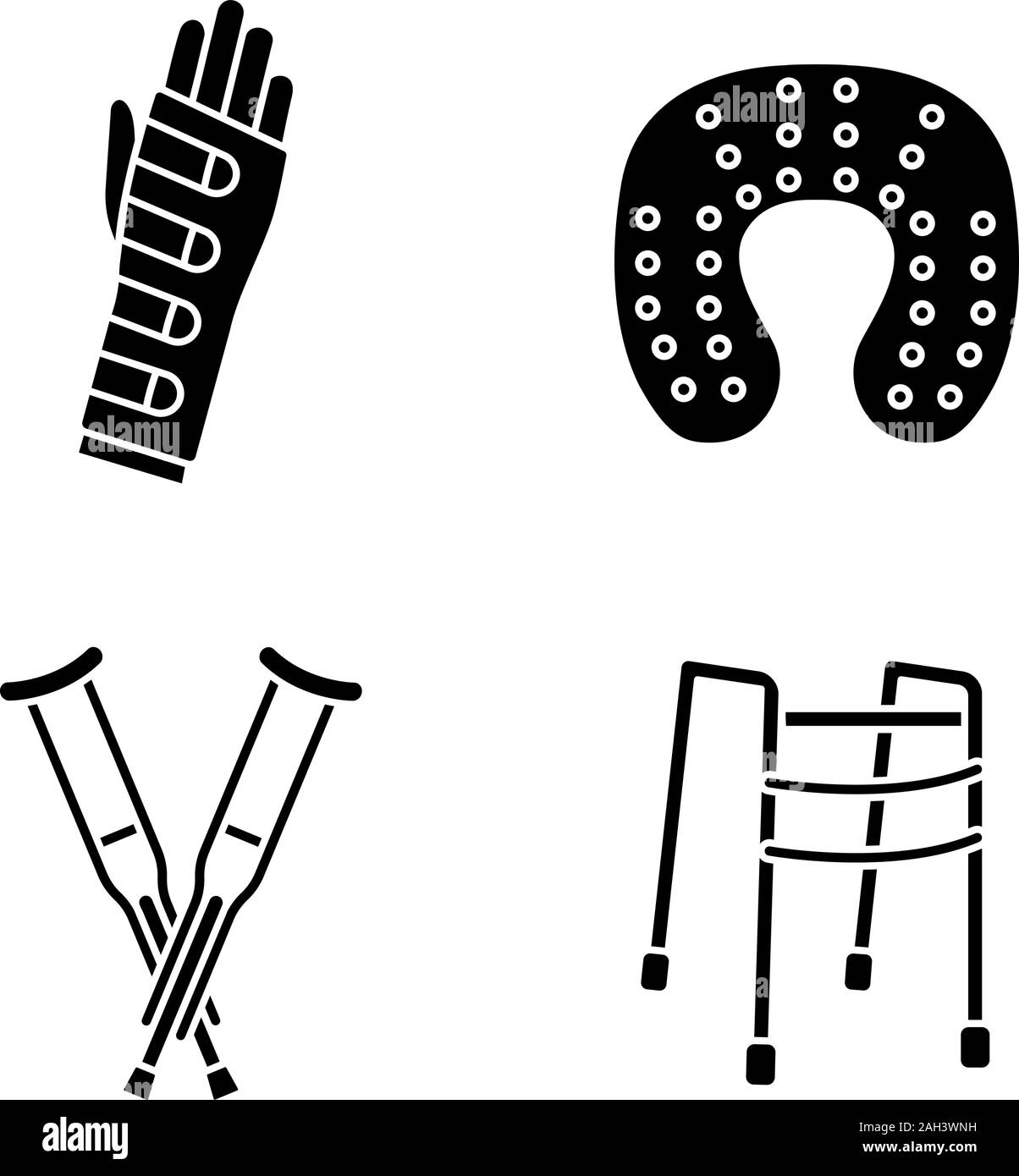 Il trattamento di traumi glifo set di icone. Polsiera, collo cuscino, ascellari stampelle, walker. Simboli di Silhouette. Vettore illustrazione isolato Illustrazione Vettoriale