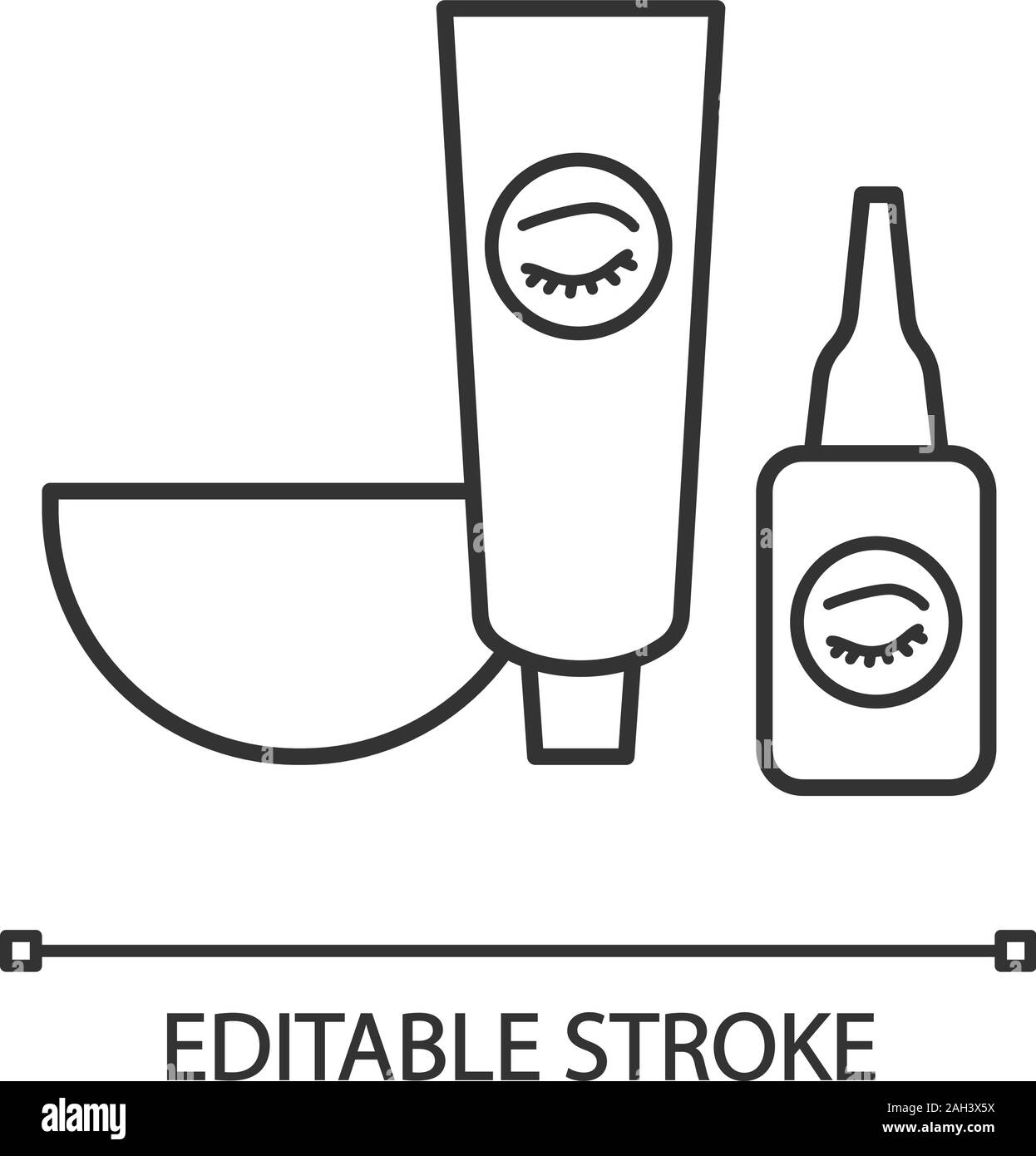 Le sopracciglia e tintura ciglia kit icona lineare. Linea sottile illustrazione. Ciotola, tinta e attivatore di ossidante. Colorazione sopracciglia. Le sopracciglia prodotti da trucco. V di contorno Illustrazione Vettoriale