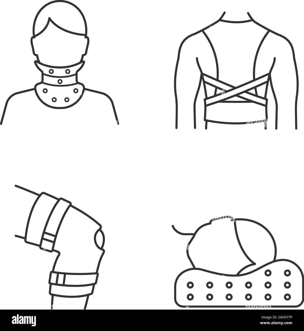 Il trattamento di traumi lineare set di icone. Collare cervicale, correttore di postura, ortesi per ginocchio, cuscino ortopedico. Linea sottile simboli di contorno. Vettore isolato outli Illustrazione Vettoriale
