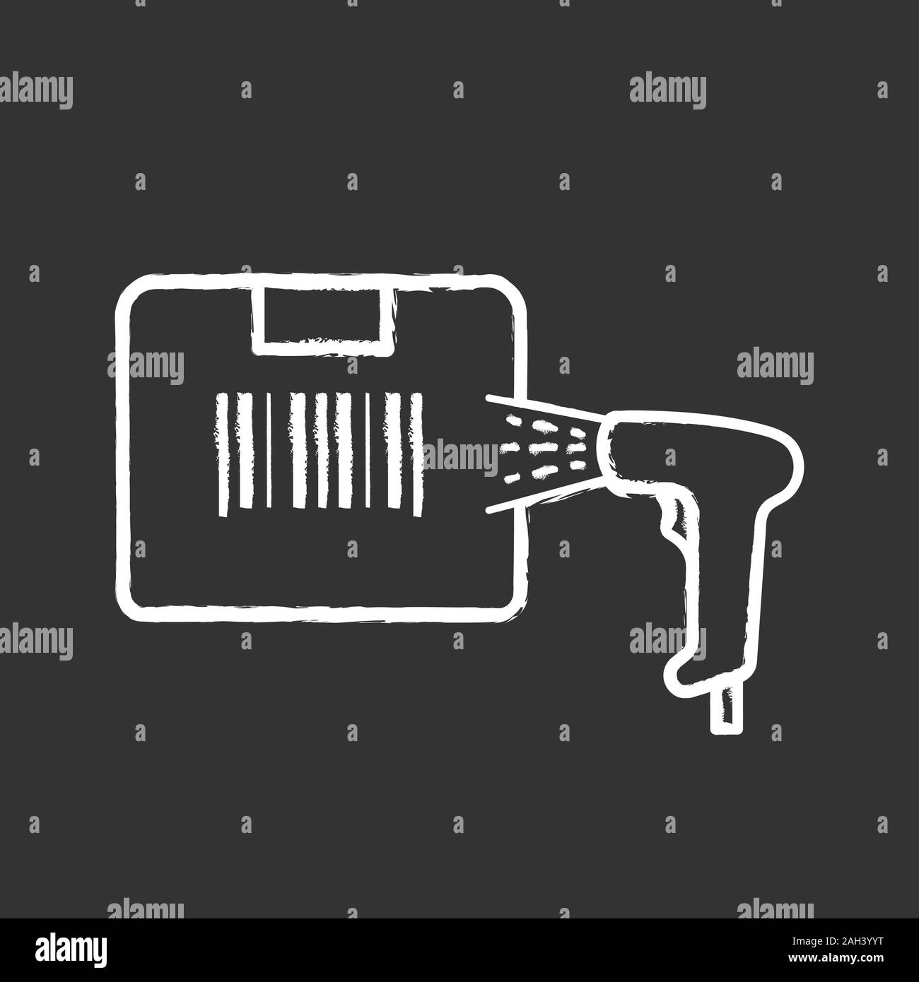 Etichetta di casella scansione con uno scanner di codici a barre chalk icona. Pacco di identificazione di codice a barre. Codice a barre lineari Lettore palmare. Controllo dell'inventario. Consegna servi Illustrazione Vettoriale