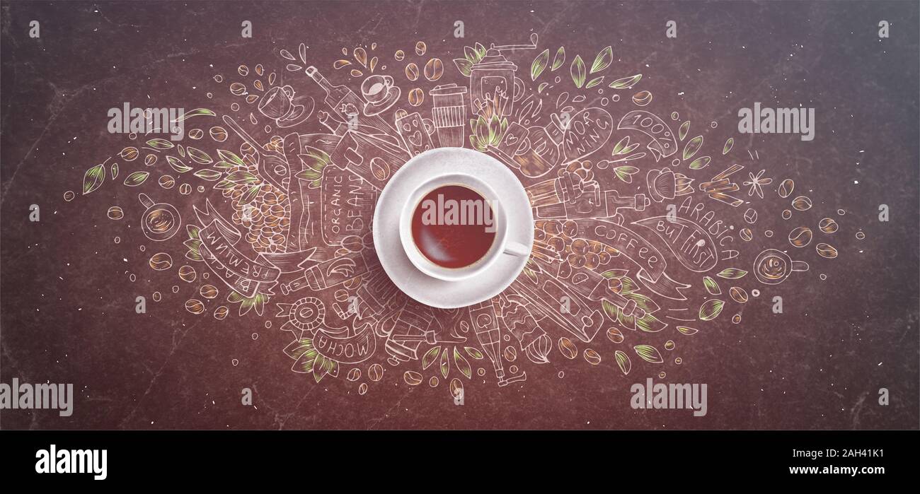 Gesso di caffè illustrato concetto su sfondo lavagna nera - tazza di caffè bianco, vista dall'alto con gesso doodle illustrazione su caffè, fagioli, mattina Foto Stock