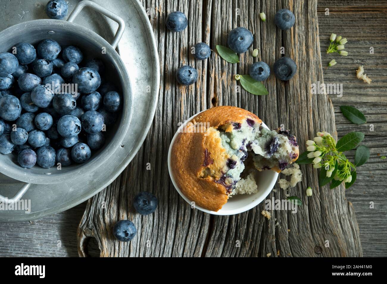 Teglia da forno con il mucchio di mirtilli freschi e unico muffin ai mirtilli Foto Stock