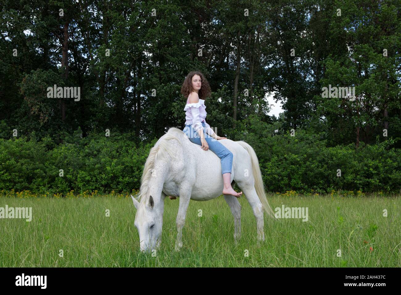 Giovane donna seduta bareback su un cavallo Foto Stock