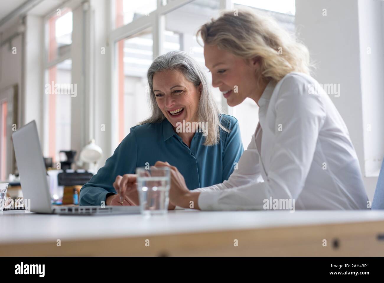 Due lieti imprenditrici utilizzando laptop alla scrivania in ufficio insieme Foto Stock