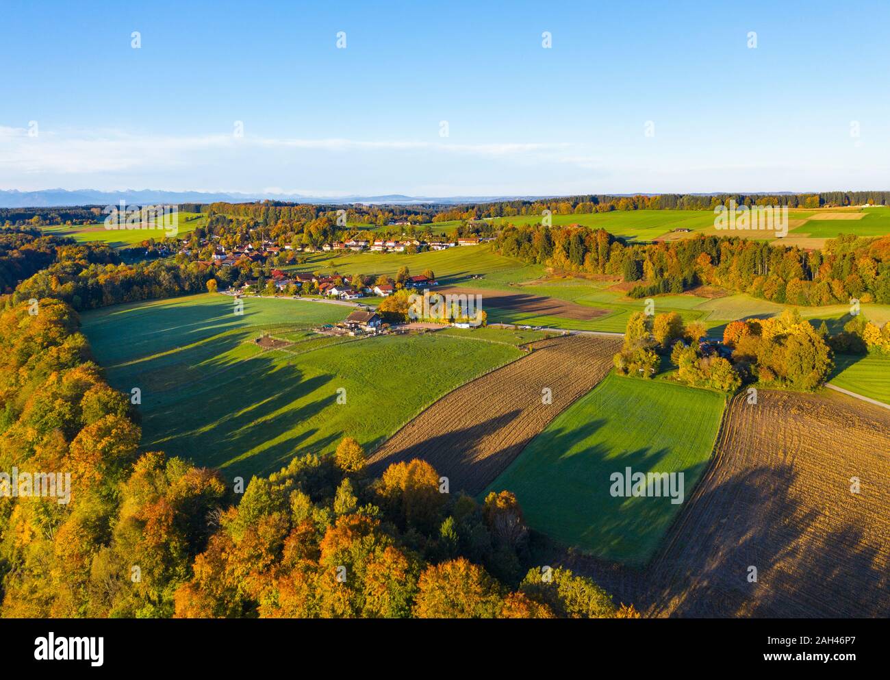 In Germania, in Baviera, Baviera, Dorfen, vista aerea di campi verdi Foto Stock