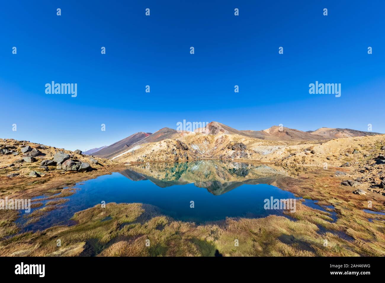 Nuova Zelanda, Isola del nord, azzurro cielo sopra il lago lucido nell Isola del nord altopiano vulcanico Foto Stock