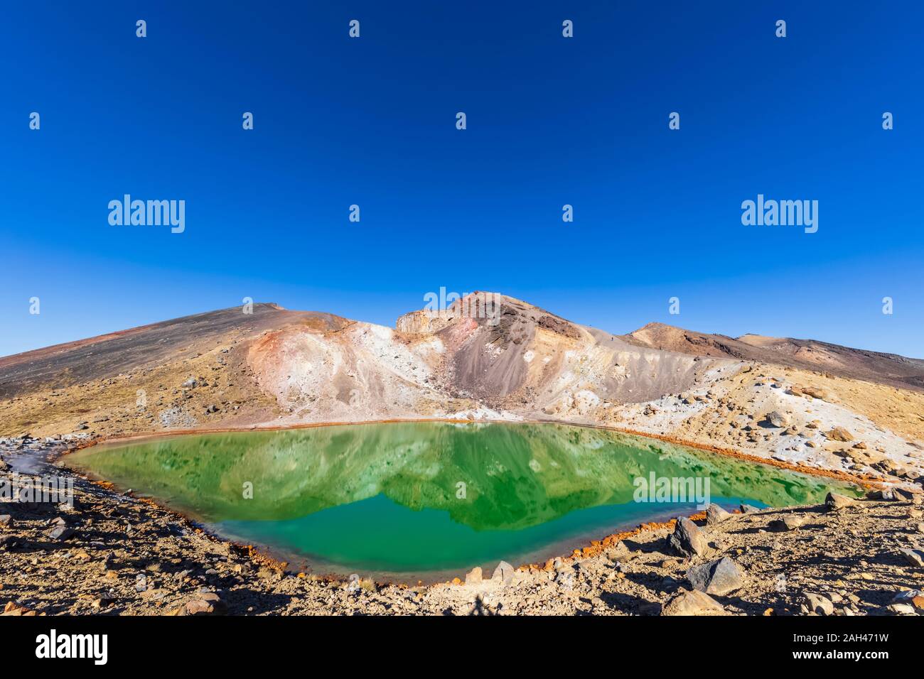 Nuova Zelanda, Isola del nord, cielo blu chiaro su laghi smeraldo nell Isola del nord altopiano vulcanico Foto Stock