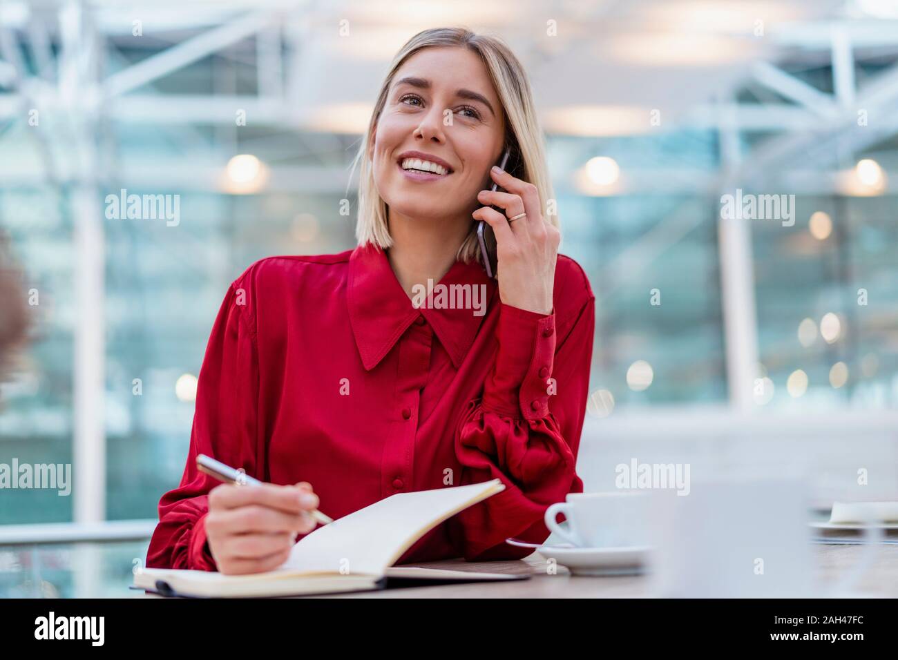 Sorridente giovane imprenditrice con notebook sul telefono Foto Stock