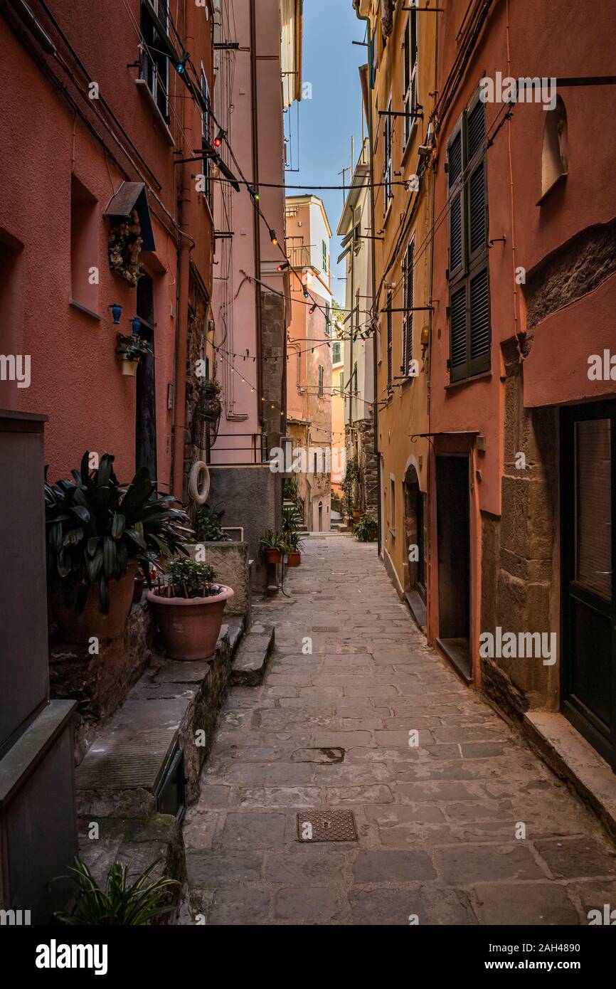 Stretto vicolo Vernazza in Liguria, Italia Foto Stock