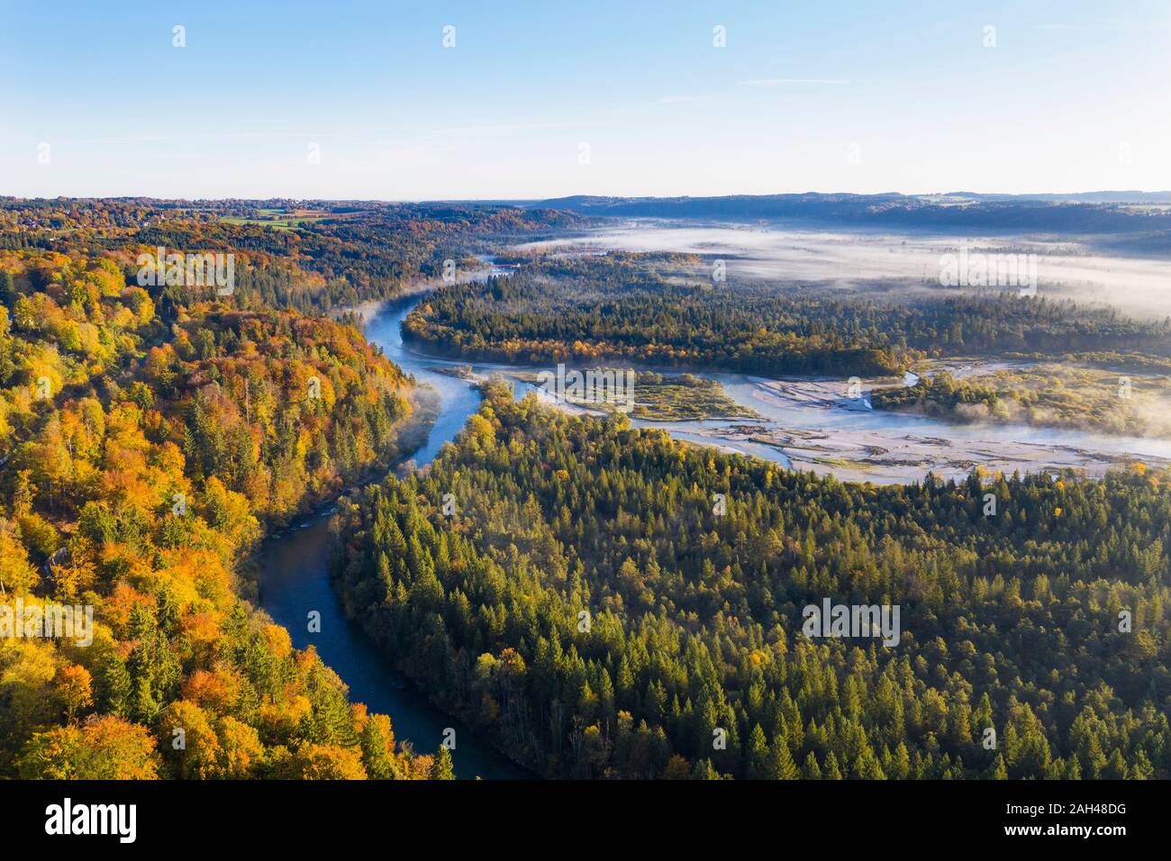 In Germania, in Baviera, Baviera, Riserva Naturale di Isarauen, vista aerea di Loisach e fiumi Isar Foto Stock