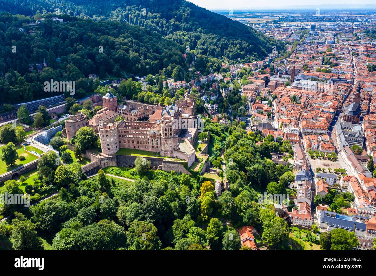 Germania, Baden-Württemberg, vista aerea di Heidelberg con castello Foto Stock