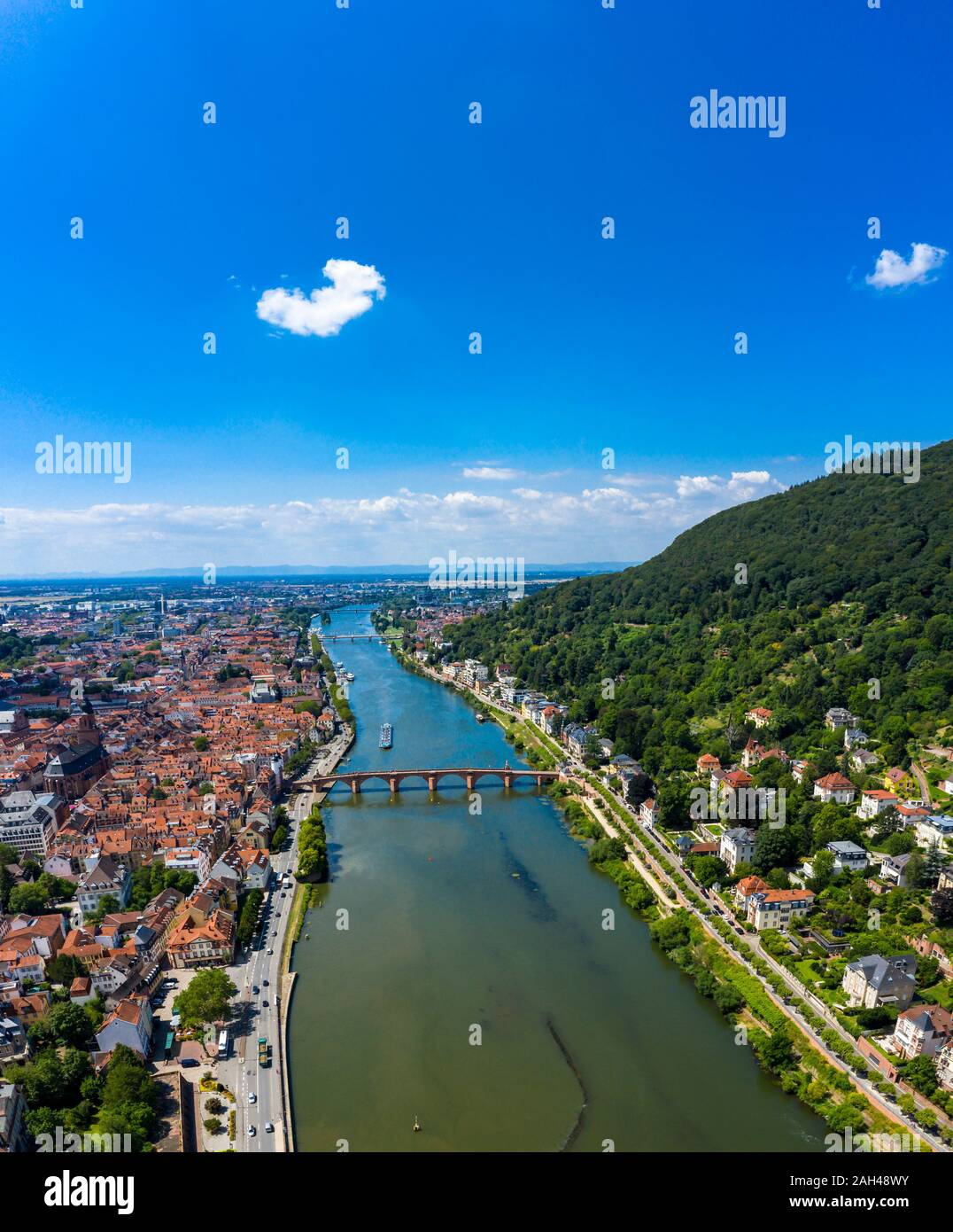 Germania, Baden-Württemberg, Heidelberg, la città vecchia e il ponte sul fiume Neckar in estate Foto Stock
