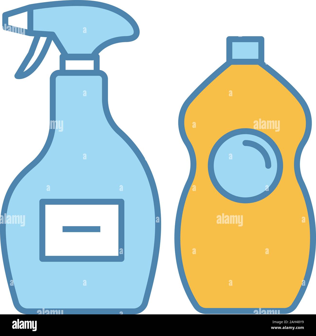 Prodotti chimici di pulizia icona di colore. Detergente per vetri, lavastoviglie liquido. Prodotti per la pulizia di bagno, cucina, wc. Piastrella, vasca-doccia detergente. Ve isolato Illustrazione Vettoriale