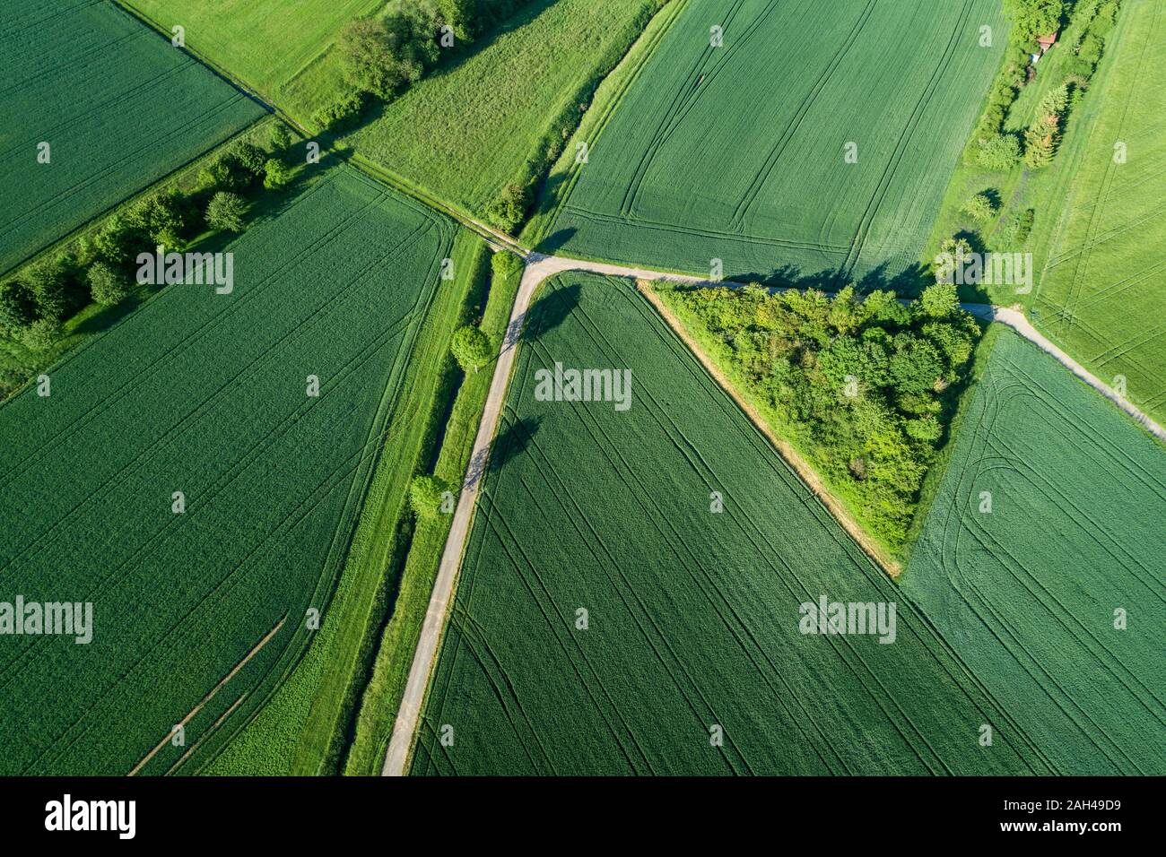 In Germania, in Baviera, vista aerea del paese le strade che tagliano una campagna verde campi in primavera Foto Stock