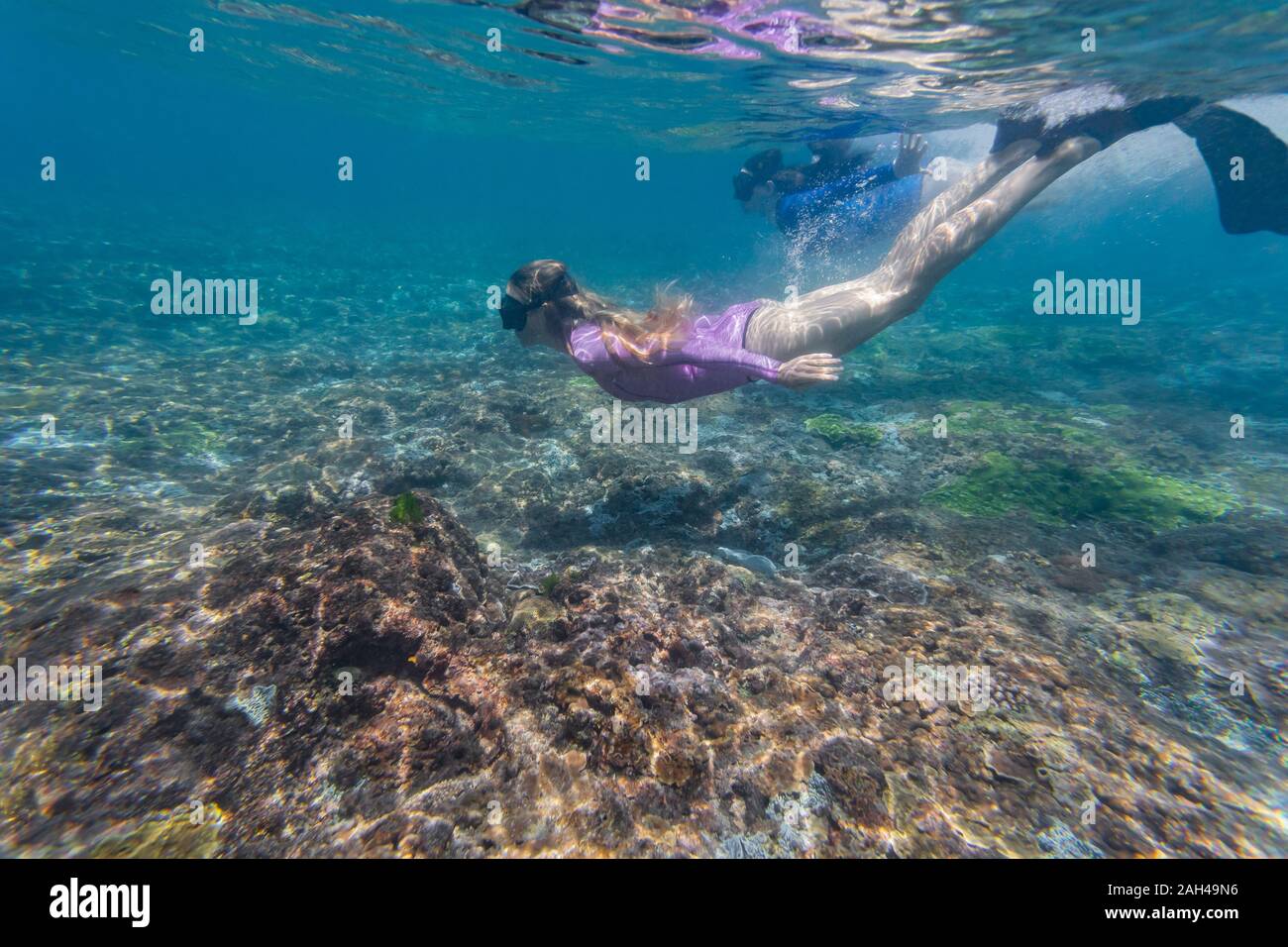 Due giovani donne lo snorkeling in Nusa Penida island, Bali, Indonesia Foto Stock