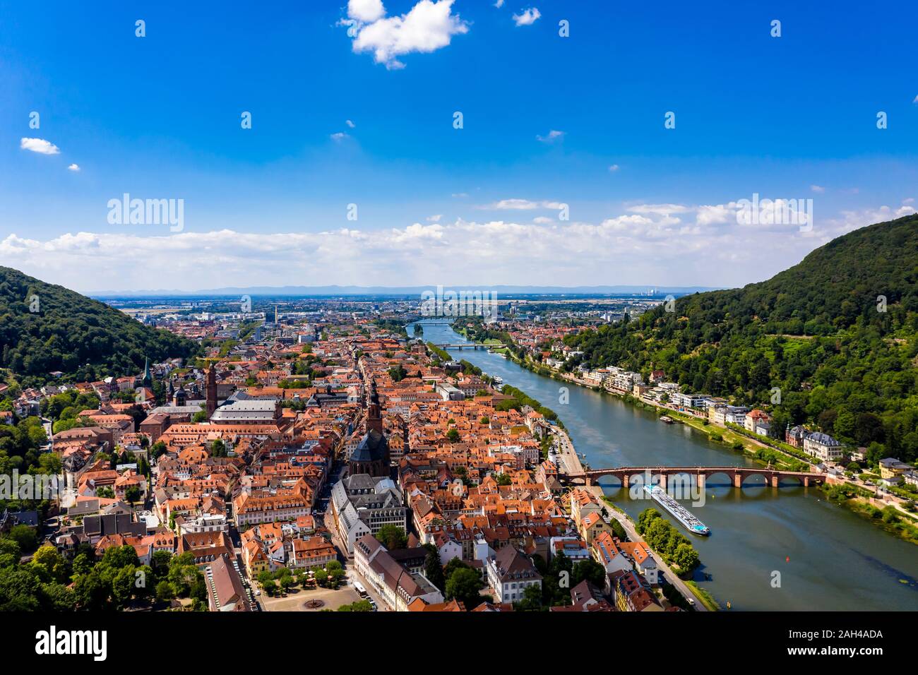 Germania, Baden-Württemberg, Heidelberg, la città vecchia e il ponte sul fiume Neckar in estate Foto Stock