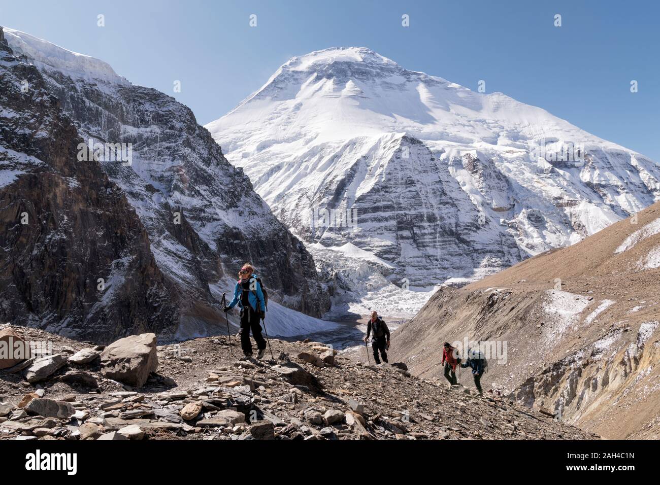 Gruppo di Trekking al ghiacciaio Chonbarden, Dhaulagiri 1, circuito Dhaulagiri Trek, Himalaya, Nepal Foto Stock