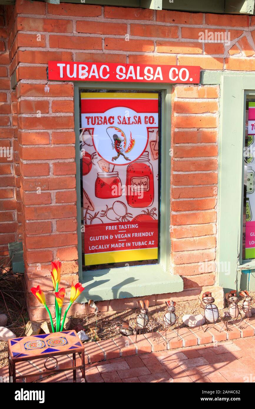 Finestra di pubblicità per la Salsa Tubac Co in Tubac, Arizona Foto Stock