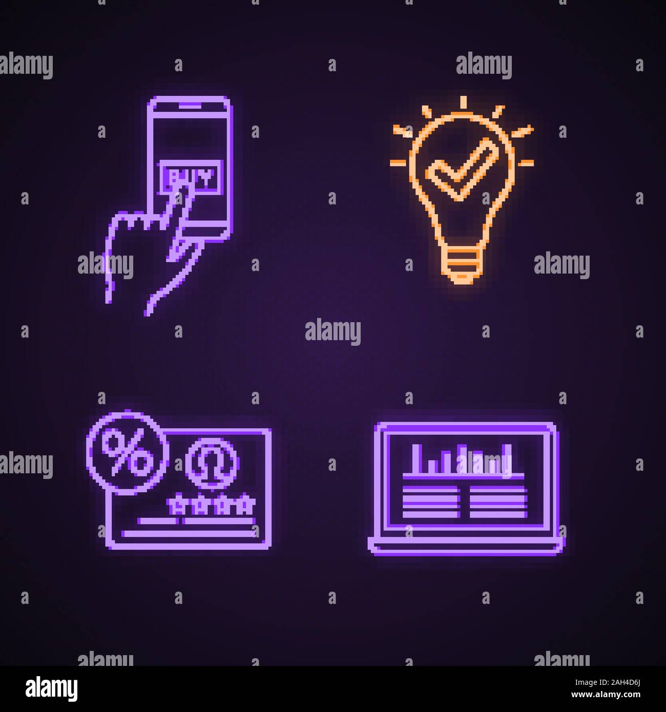 La fidelizzazione dei clienti e la fedeltà dei clienti di luce al neon set di icone. Il pagamento on-line, approvato idea, recensioni e feedback, il traffico web analytics. Segni incandescente. Vettore Illustrazione Vettoriale