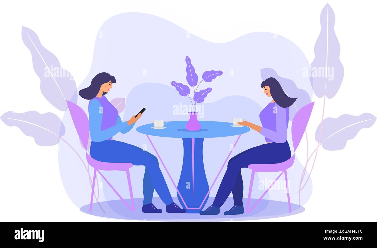 Le ragazze sono seduti a un tavolo in un bar a bere caffè. Le donne in un ristorante, amici di comunicare. Appartamento moderno illustrazione. Vettore Illustrazione Vettoriale