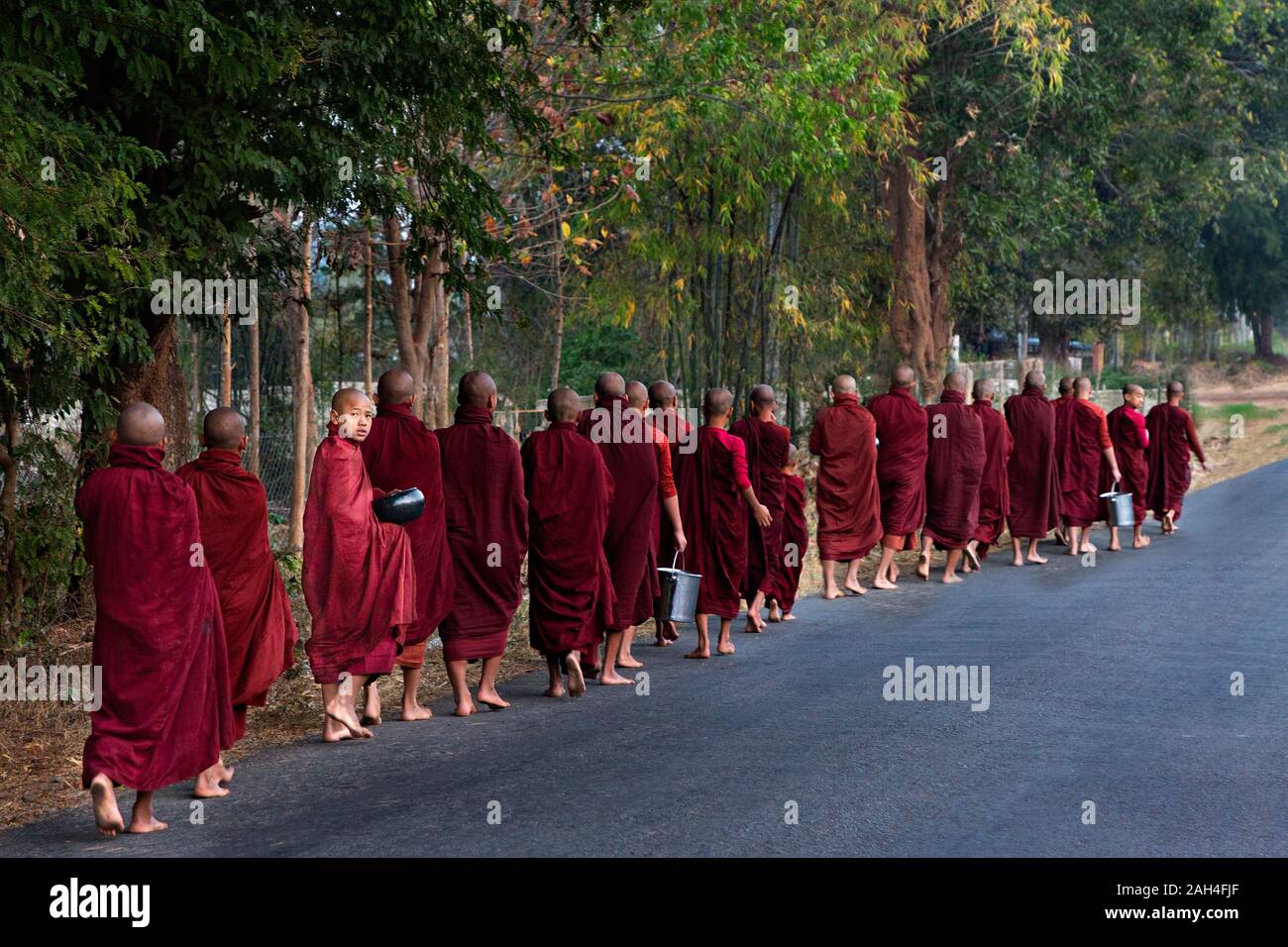I monaci schierate a piedi sulla strada per raccogliere elemosine, in Lago Inle, Myanmar Foto Stock