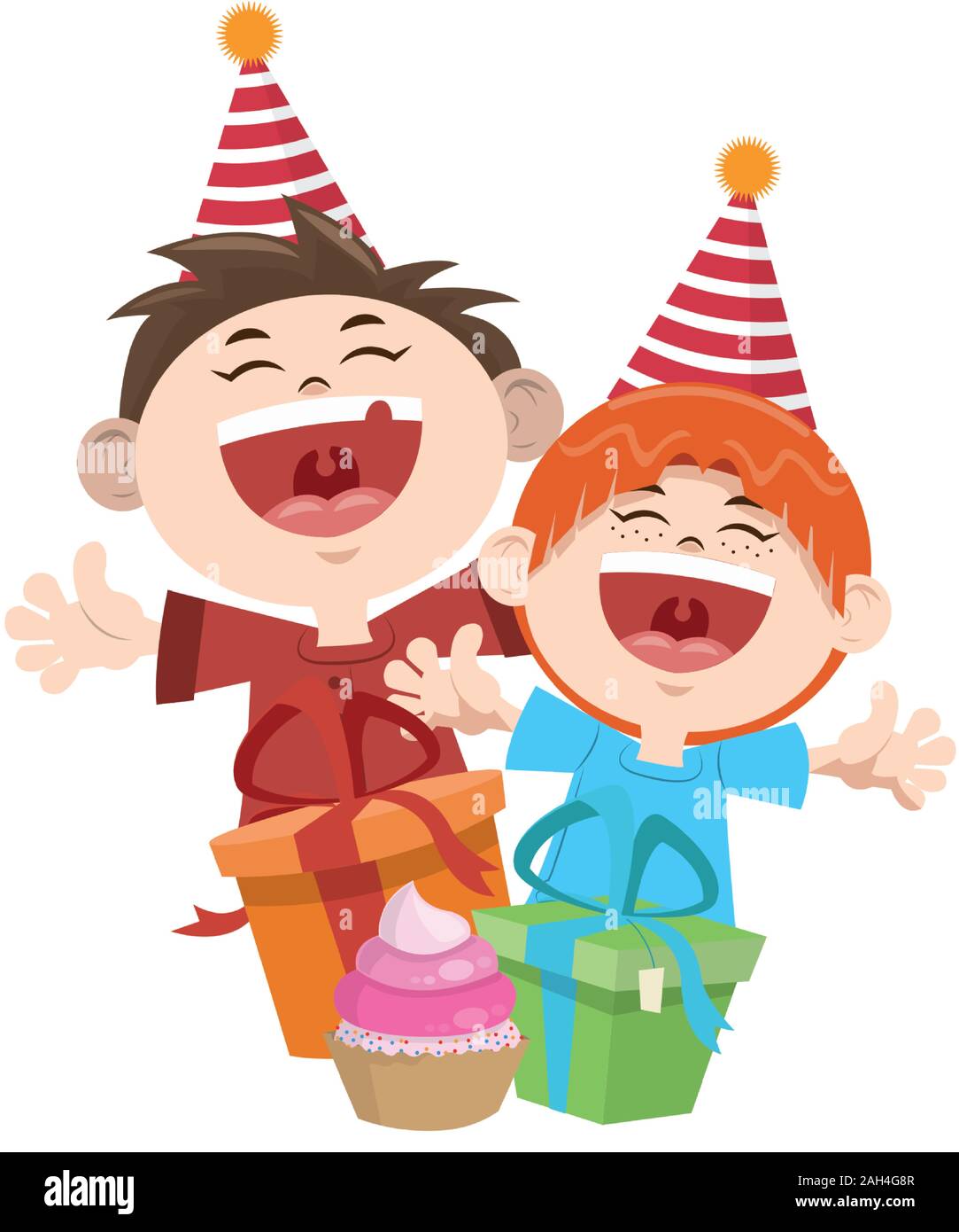 Cartoon happy boys con regali di compleanno scatole icona, design colorato Illustrazione Vettoriale