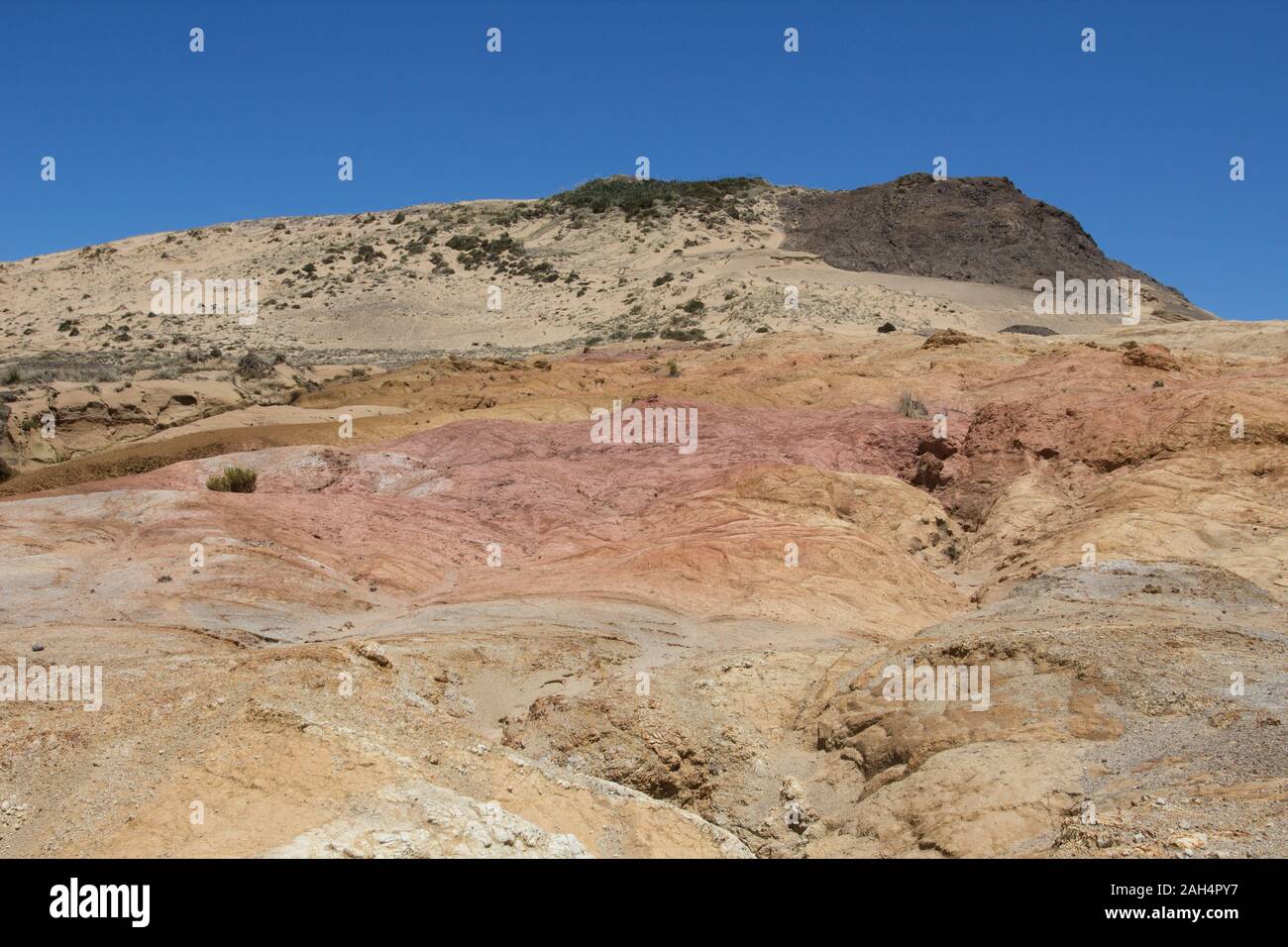 Crema, arancione e rosa clay hill all'inizio del capo Maria Van Diemen nel Northland e Nuova Zelanda. Preso da Te Paki via litoranea, Cape Reinga. Foto Stock