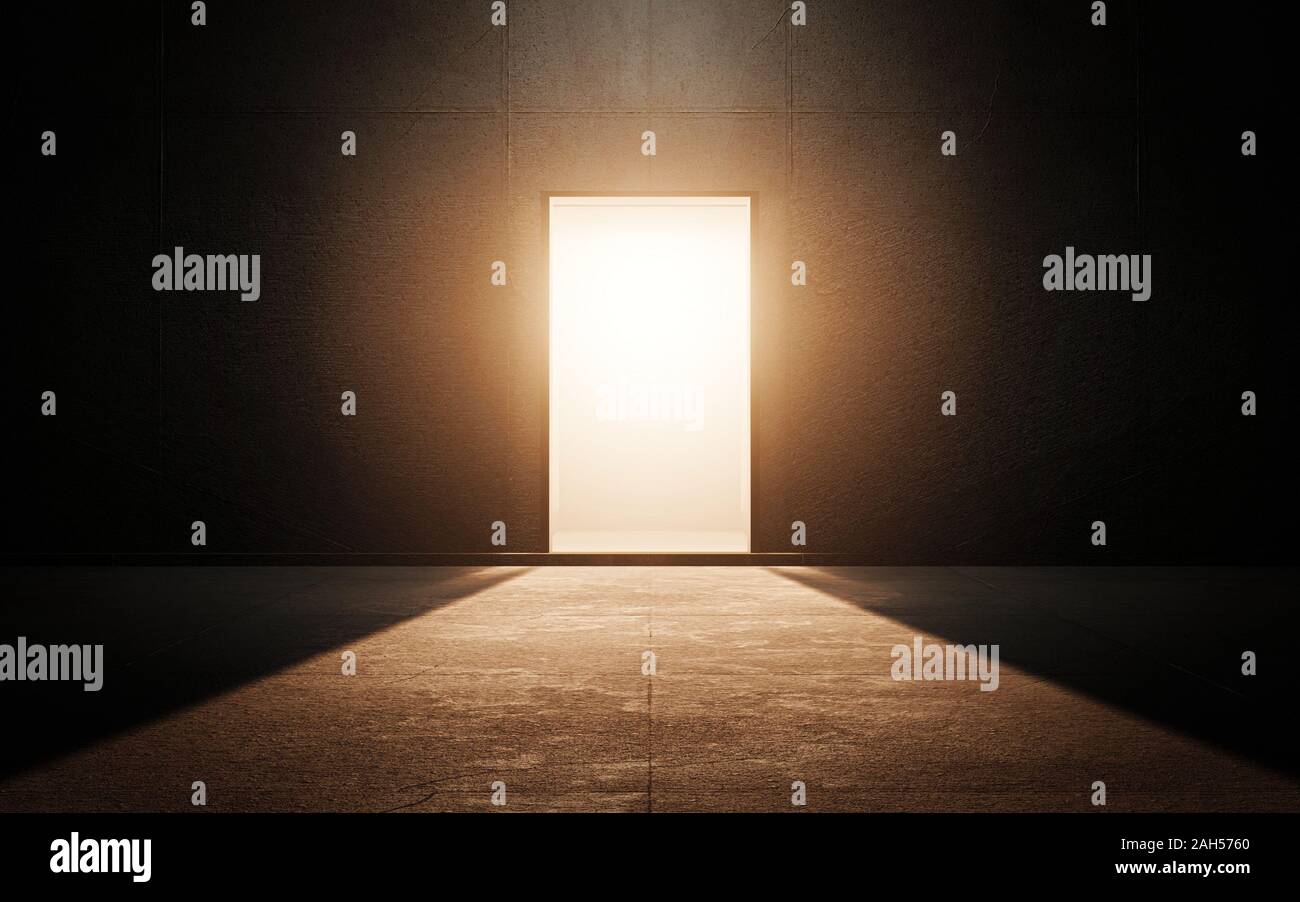 Porta di luce nella stanza buia. 3D render Foto Stock