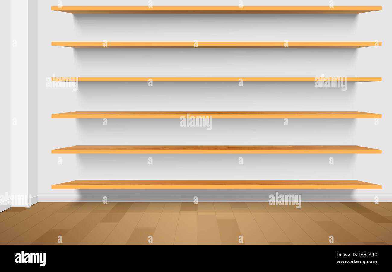 Ripiano in legno sul muro della camera bianca Illustrazione Vettoriale