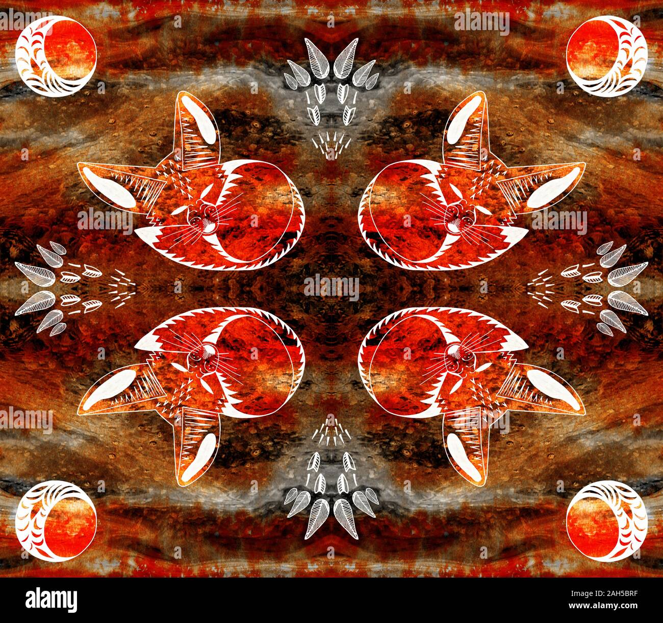 Fennec fox. Spirito animale. Luna, foglie. Composizione simmetrica. Texture di sfondo marrone Foto Stock