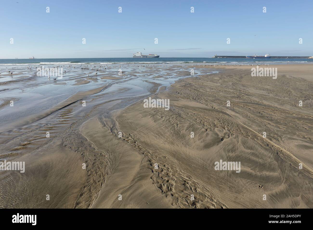 Spiaggia vuota durante la bassa marea. Spiaggia di Matosinhos vedendo Leixoes porto entrata. Foto Stock