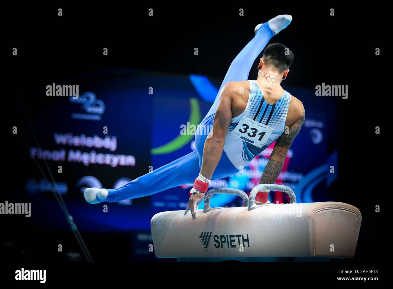 Szczecin, Polonia, 12 Aprile 2019: Marios Georgiou di Cipro compete sul cavallo durante l'Unione dei campionati di ginnastica Foto Stock