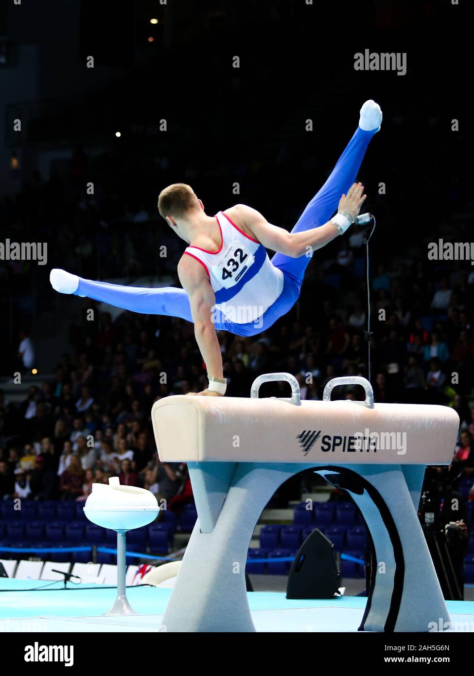 Szczecin, Polonia, 13 Aprile 2019: atleta russa Vladislav Poliashov compete sul cavallo durante la ginnastica artistica campionati Foto Stock